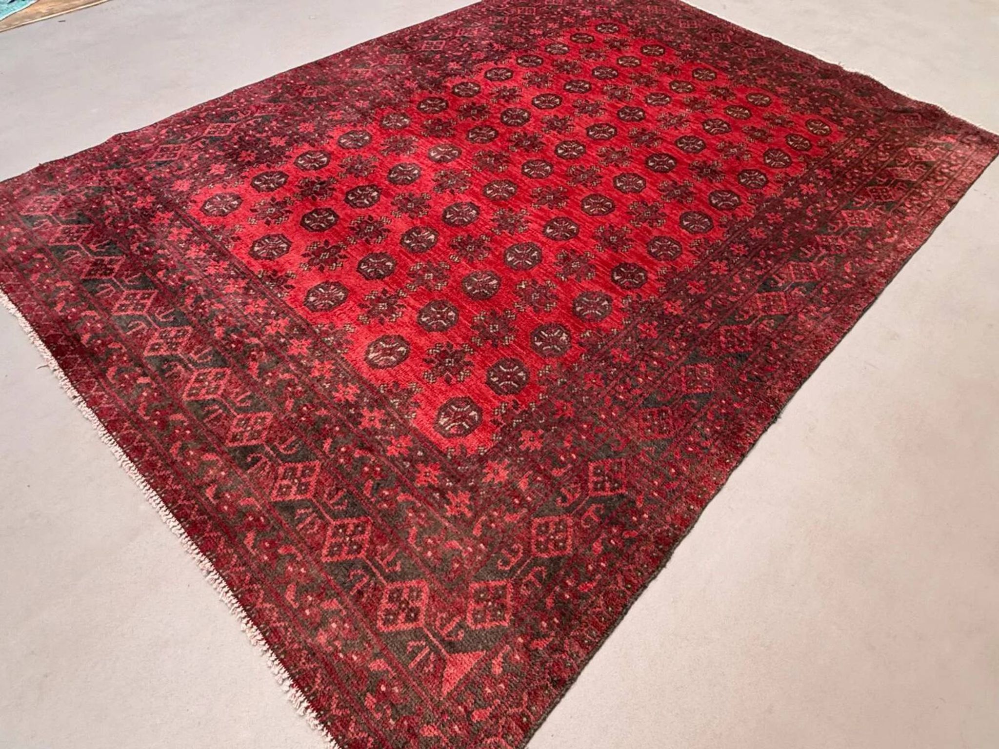 Vintage Afghan Turkoman village rug 195x280 cm, red, black tribal large