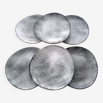 6 Flat plates in gray stoneware Crépuscule model