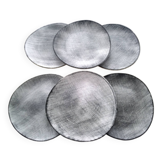 6 Flat plates in gray stoneware Crépuscule model