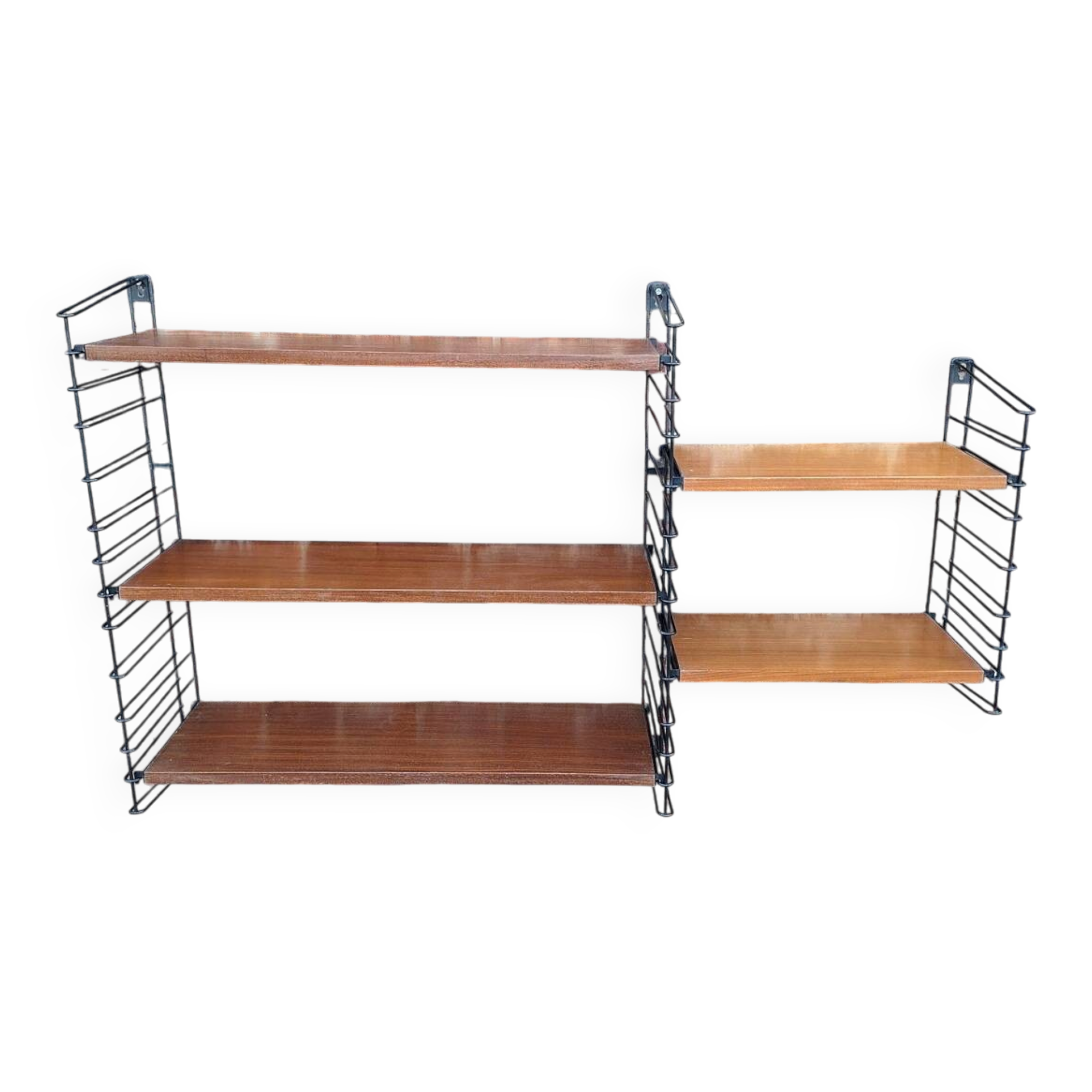 Vintage wood and metal shelves, designer storage.