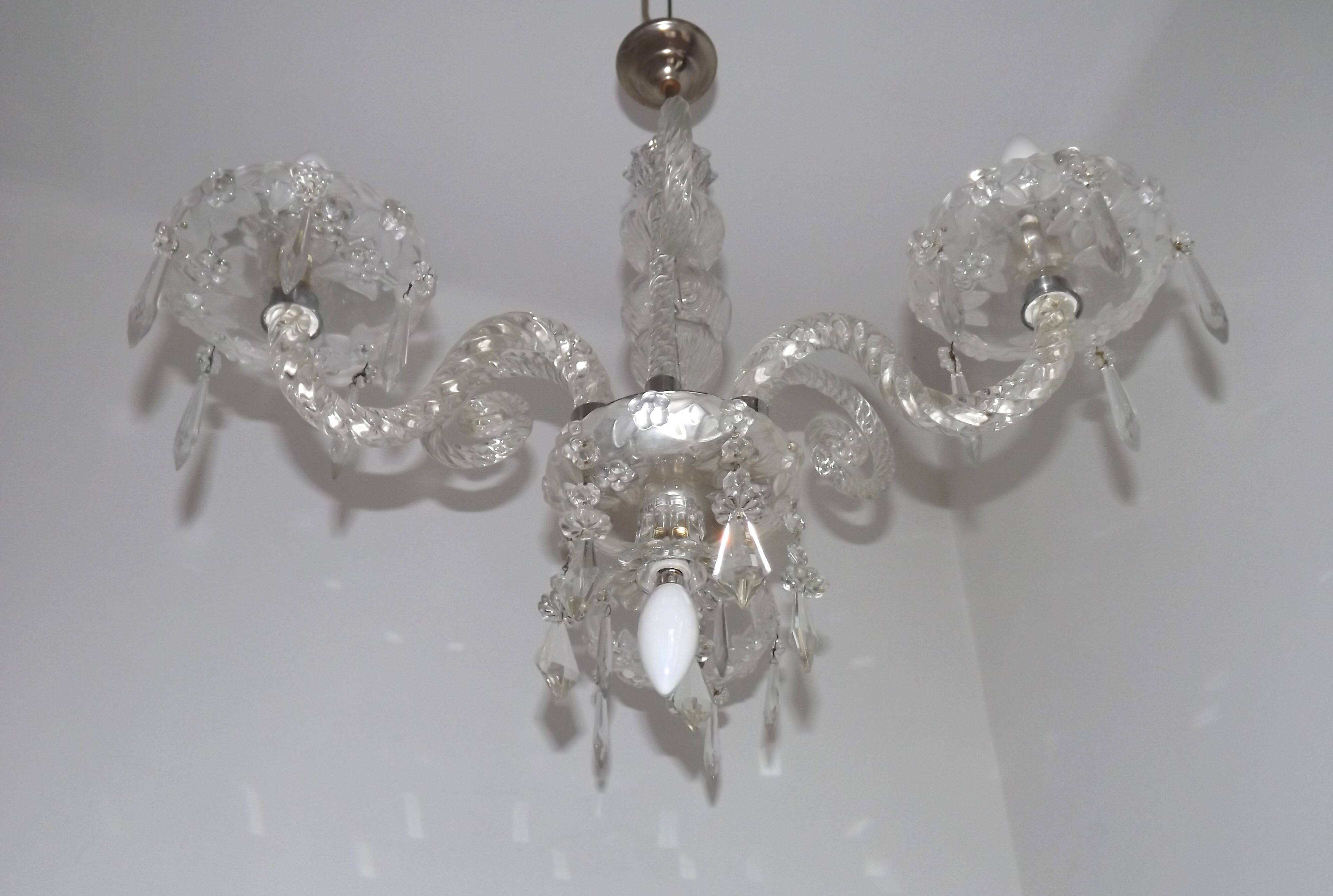 French antique glass and crystal barley twist three-armed four-light chandelier 5135