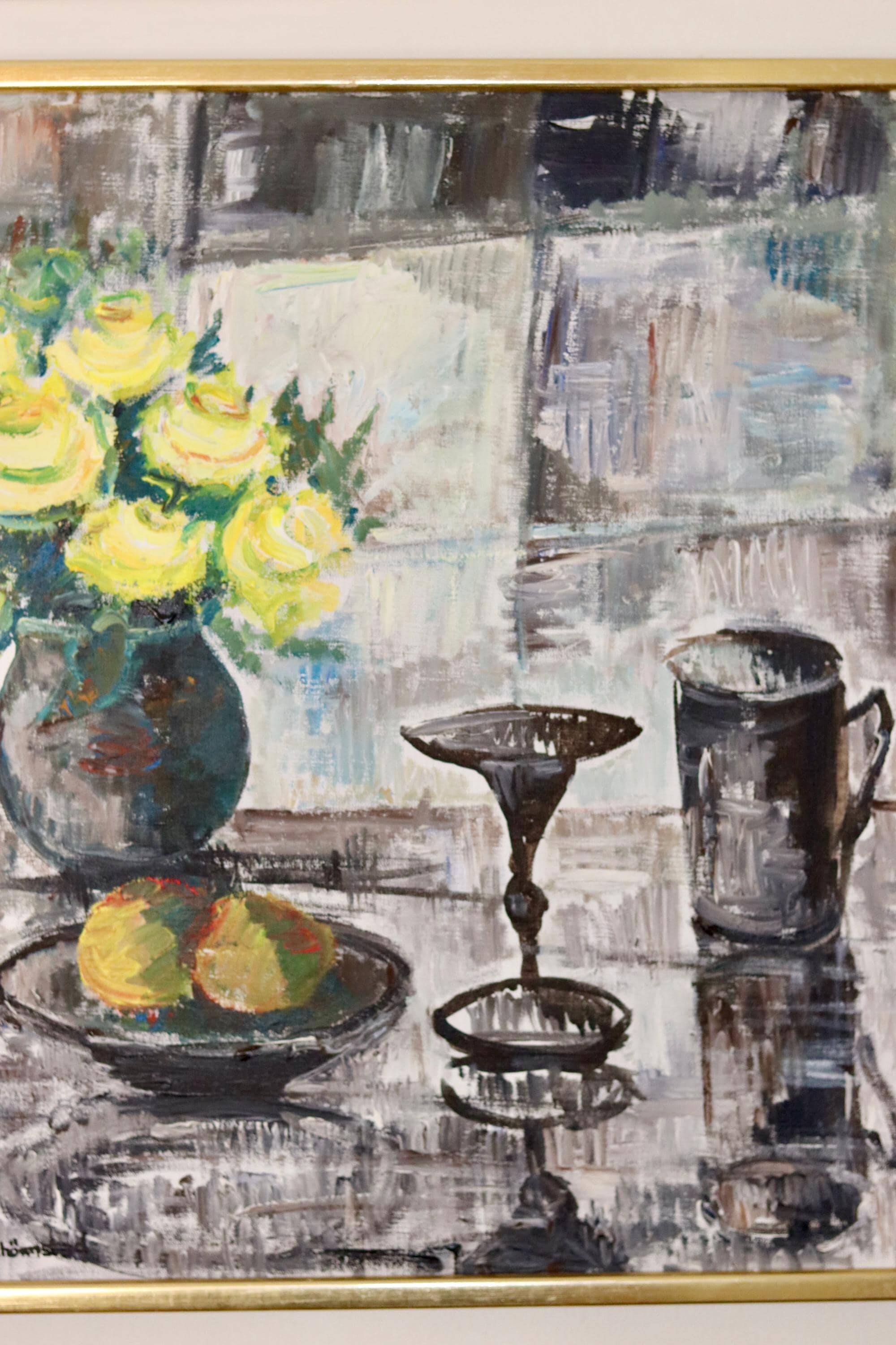 Still life with yellow roses and fruits by Olle Rhönnstrand, oil on Swedish canvas from the mid-century.
