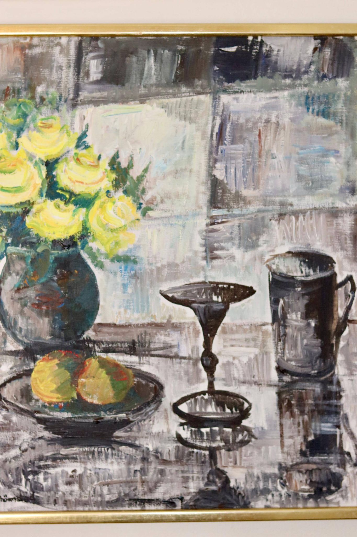 Swedish Mid-Century Oil On Canvas " Still Life with Yellow Roses and Fruit " by Olle Rhönnstrand
