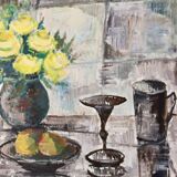 Still life with yellow roses and fruits by Olle Rhönnstrand, oil on Swedish canvas from the mid-century.