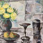 Swedish Mid-Century Oil On Canvas " Still Life with Yellow Roses and Fruit " by Olle Rhönnstrand