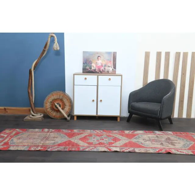 1970s Turkish Oushak Handmade Wool Cotton Red Runner Rug 86x344