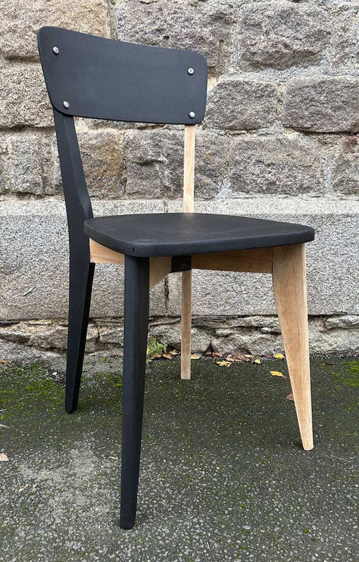 Suite of 6 Baumann, Gascoin, Luterma bistro chairs, redesigned, raw wood and matte black.