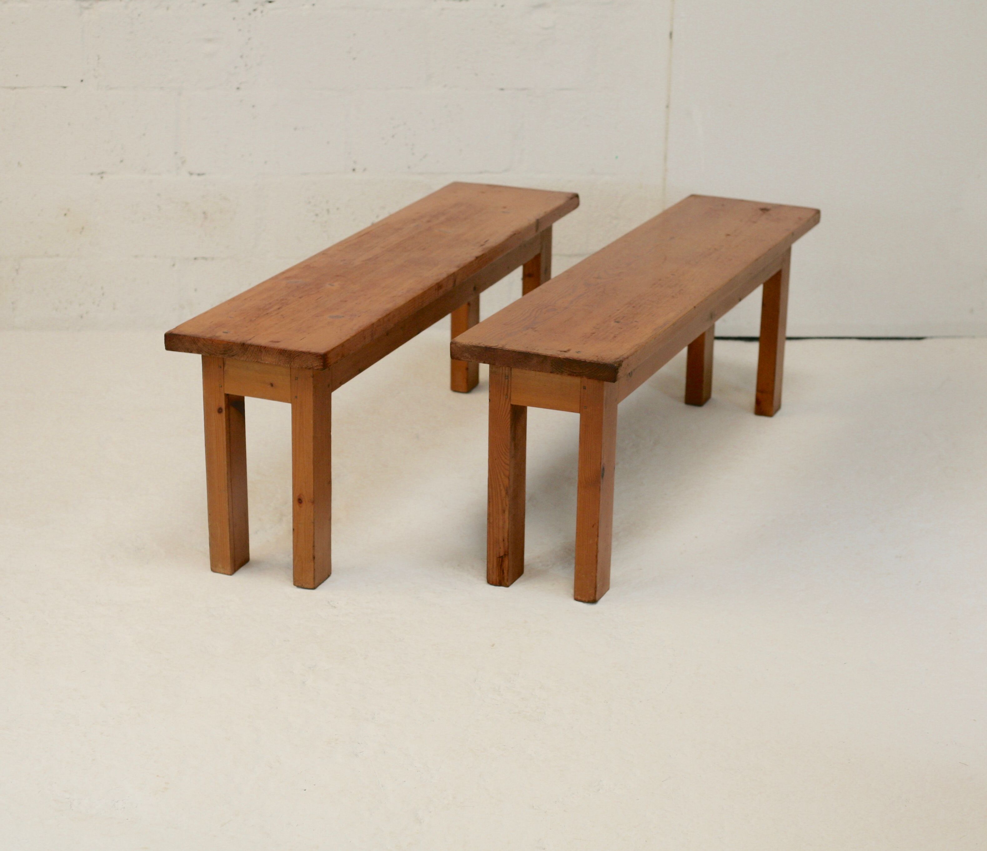 Pair of brutalist benches. Wood. France. Circa 1960.