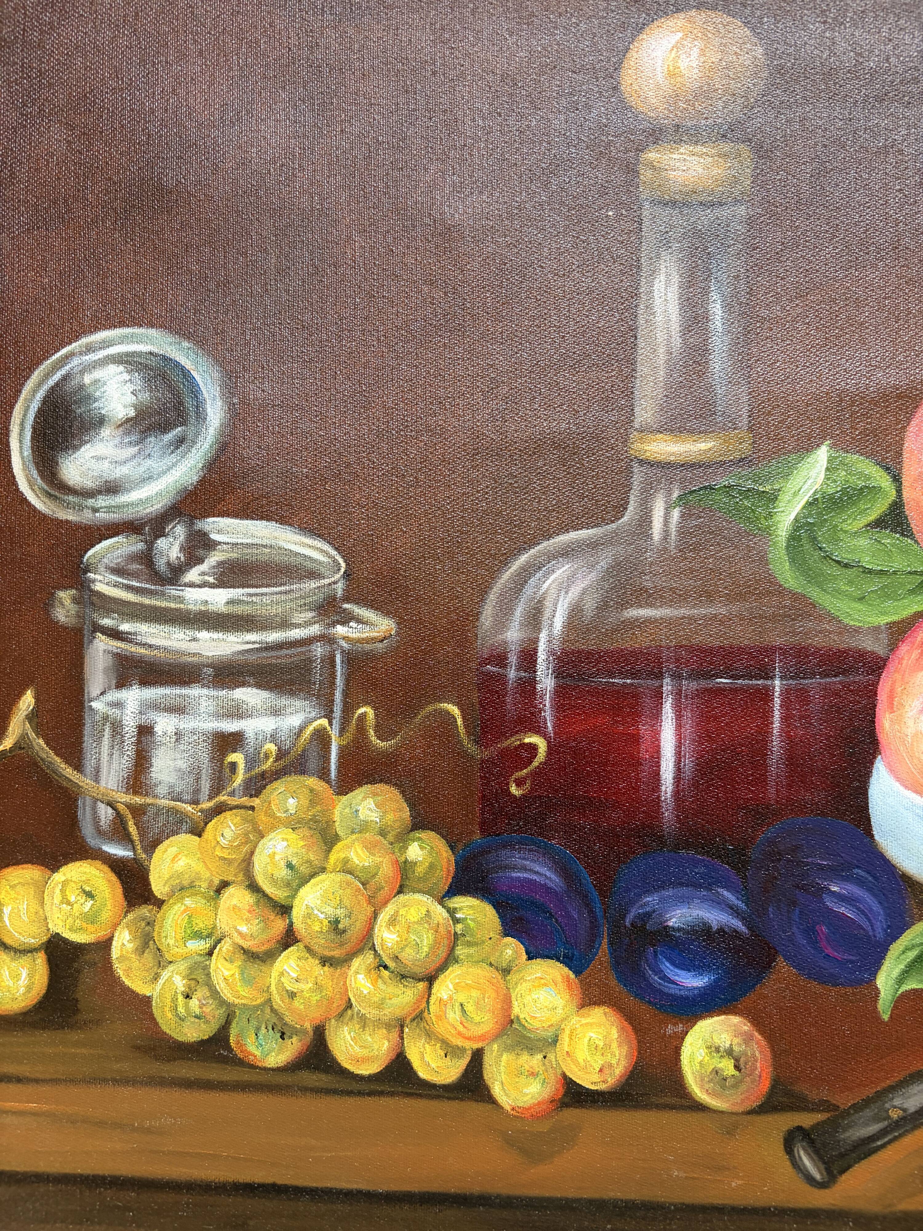 Still Life Table Fruits and Copper Jug Oil Signed Danny Wooden Frame