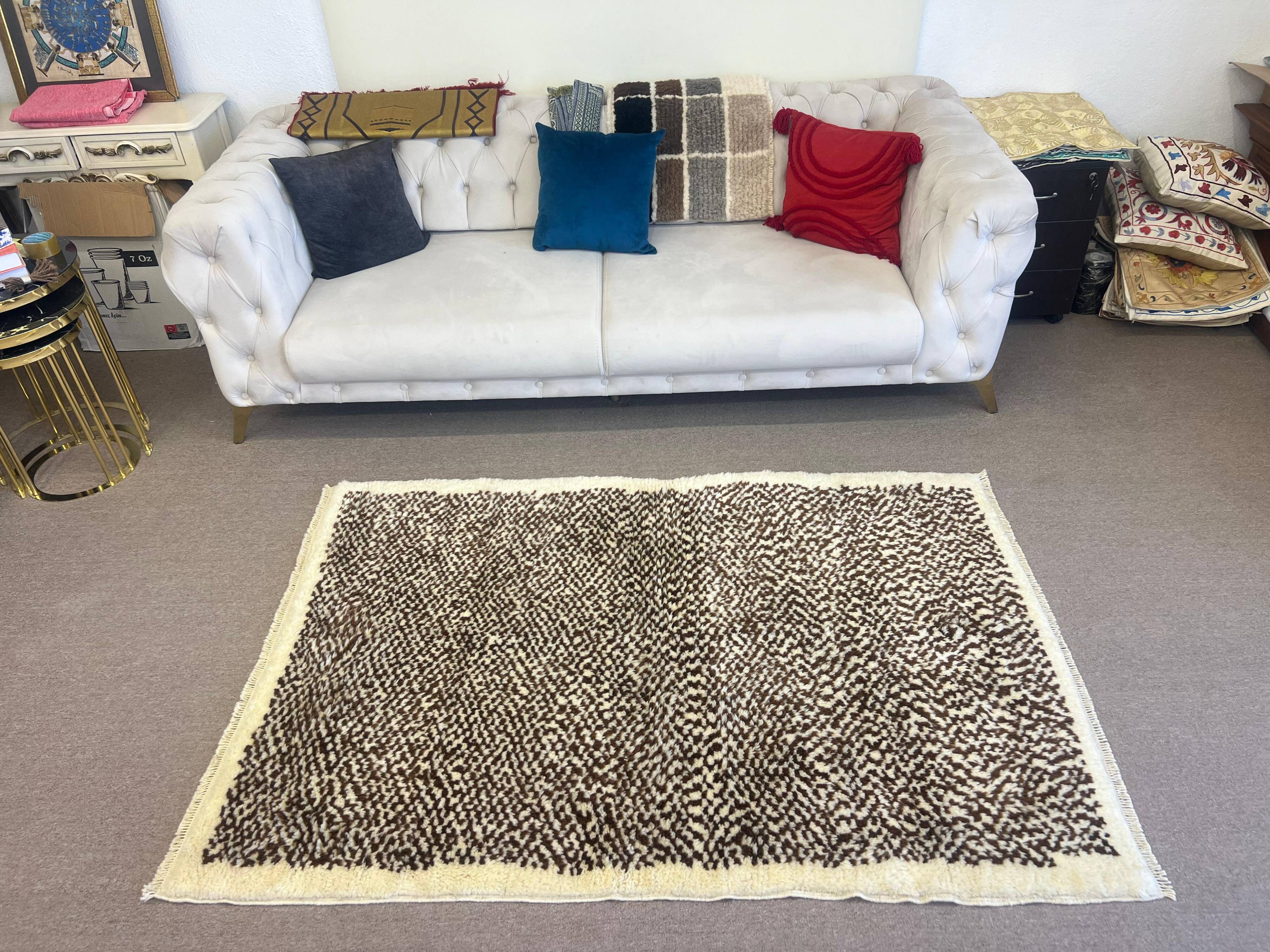 Handmade Tulu Rug, 100% Natural Un-Dyed Wool. Cream and Brown. Custom Options Available