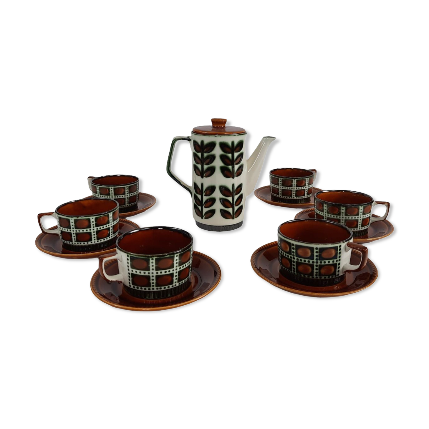 Tea service for Six vintage boch pattern brown, white and green