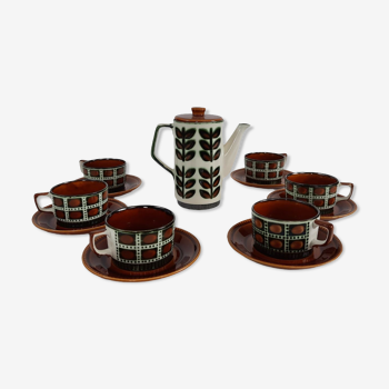 Tea service for Six vintage boch pattern brown, white and green