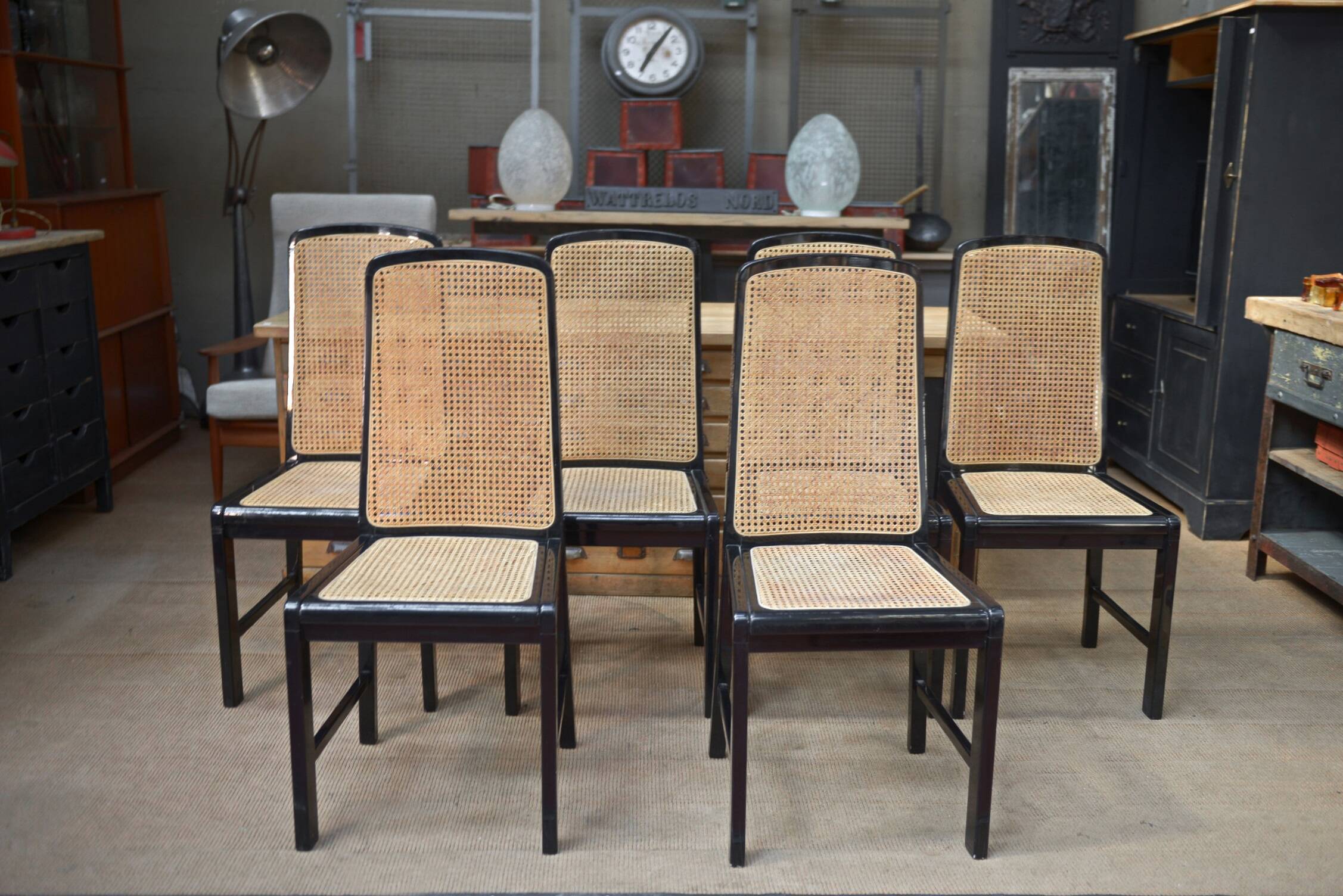 Set of 6 Vintage caned chairs in black lacquered wood, original 1970