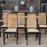 Set of 6 Vintage caned chairs in black lacquered wood, original 1970