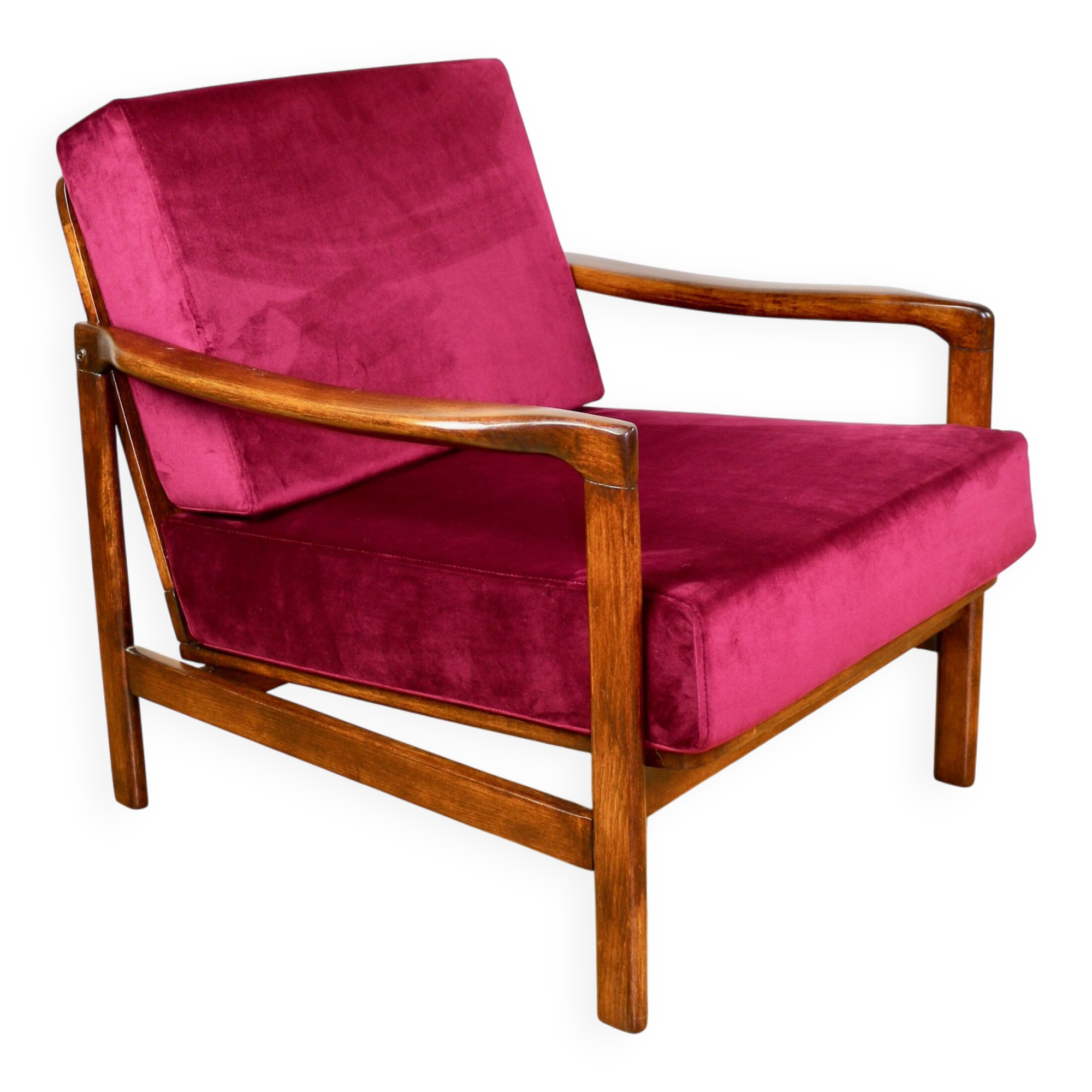 Wooden vintage brown armchair, burgundy raspberry, design by Z. Bączyk - 2 pieces available