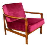 Wooden vintage brown armchair, burgundy raspberry, design by Z. Bączyk - 2 pieces available