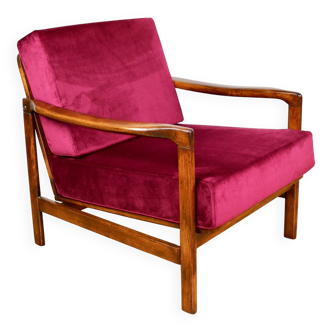 Wooden vintage brown armchair, burgundy raspberry, design by Z. Bączyk - 2 pieces available
