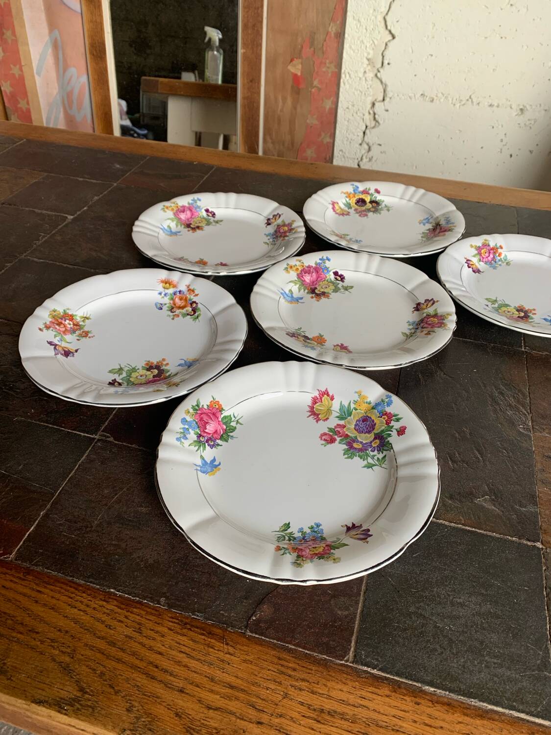 6 antique flat plates Moulin des Loups & Hamage – floral decoration