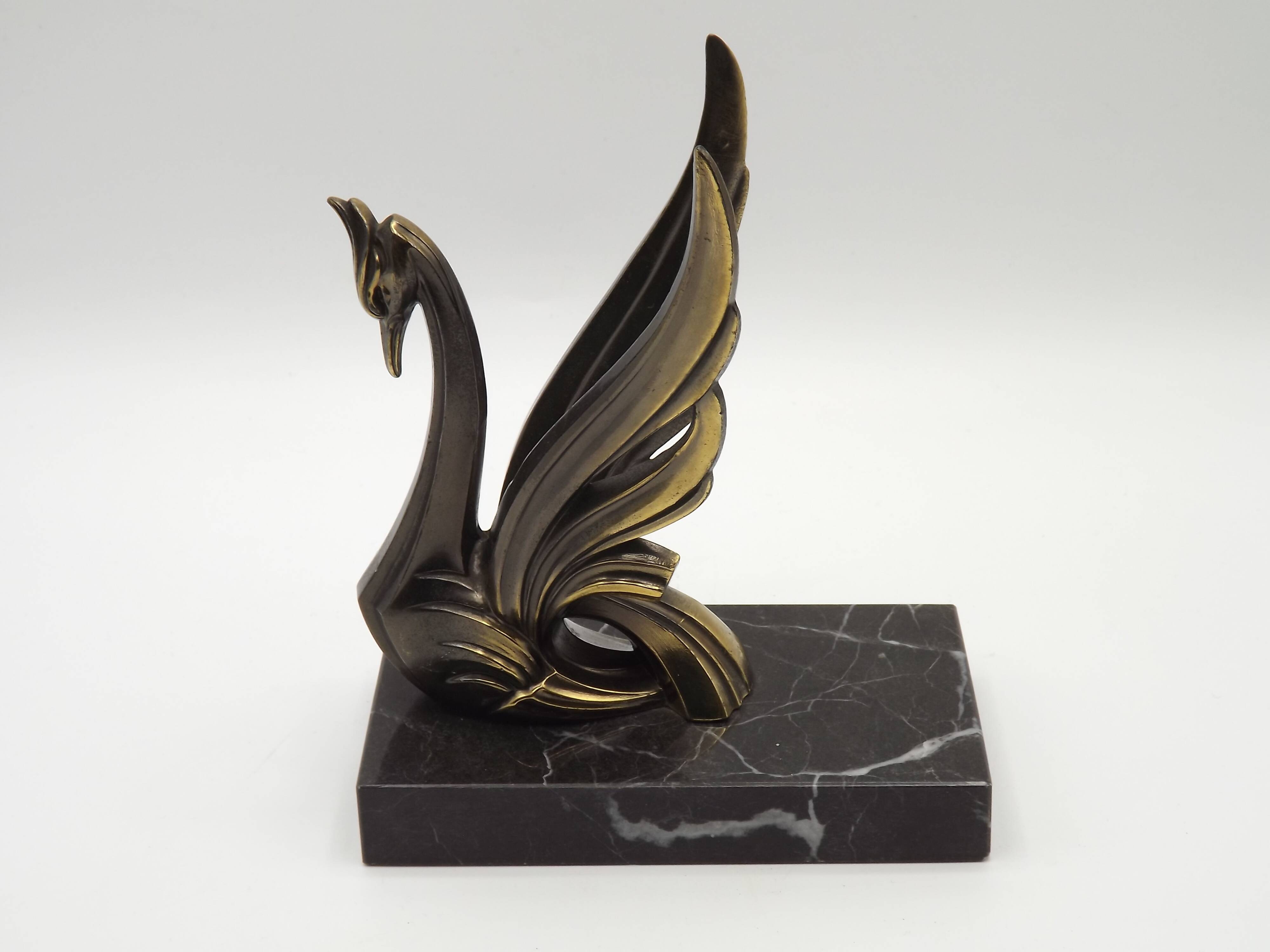 French Art Deco Bronzed Effect Spelter Swan Book Ends Black Marble Base