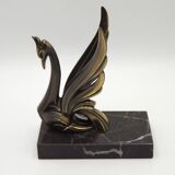 French Art Deco Bronzed Effect Spelter Swan Book Ends Black Marble Base