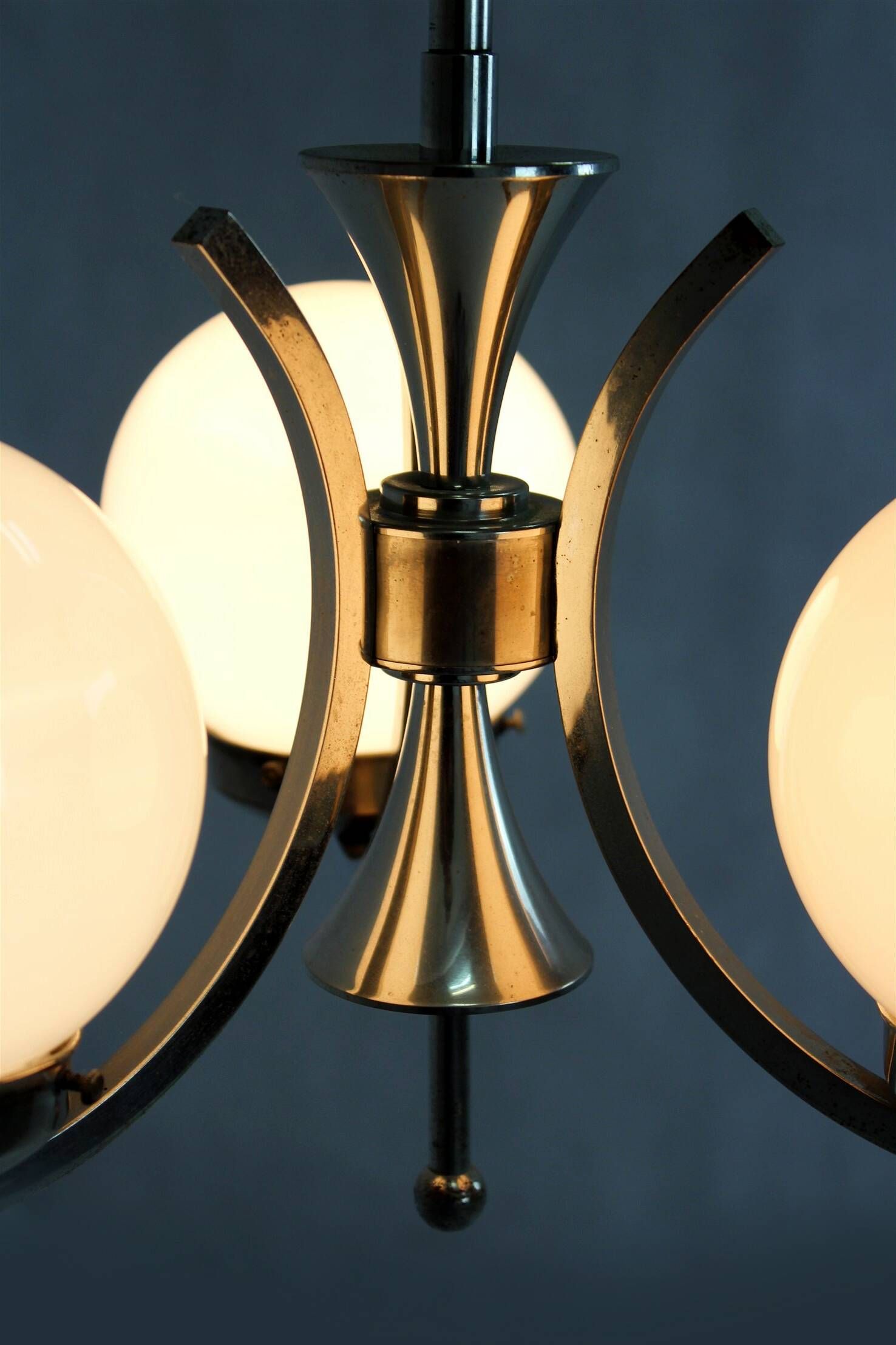 Vintage Czech Bauhaus style pendant light, tall, with opaline glass globes, 1940s