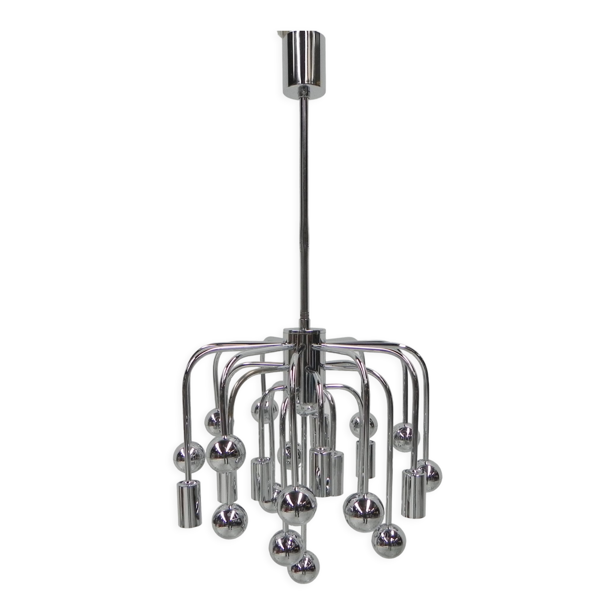Suspension Spoutnik vintage avec 9 points lumineux et 16 globes chromés