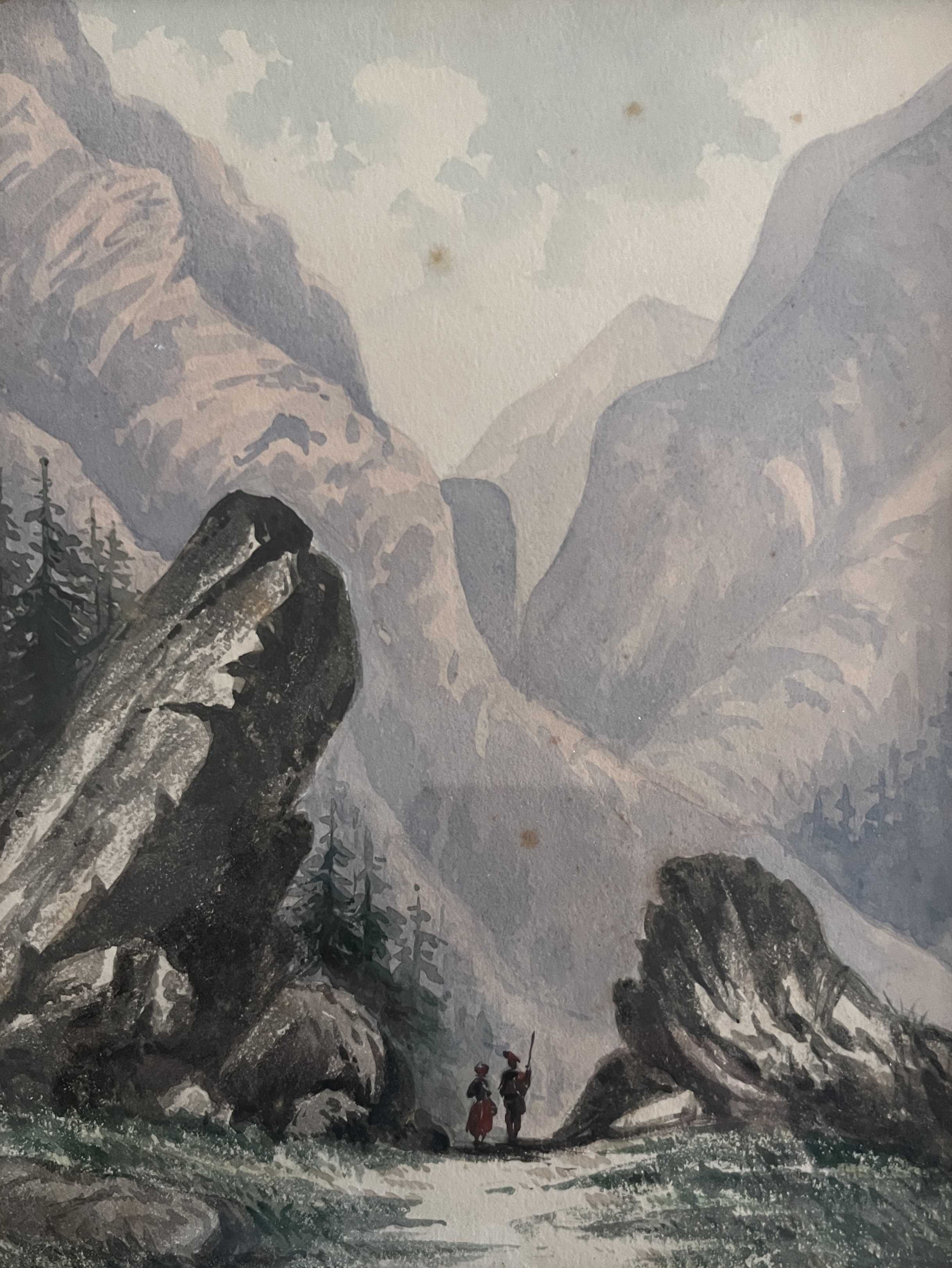 Original watercolour painting "Animated Mountain Landscape" Switzerland? + frame