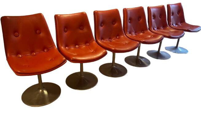 Set of 6 bright red leather tulip chairs