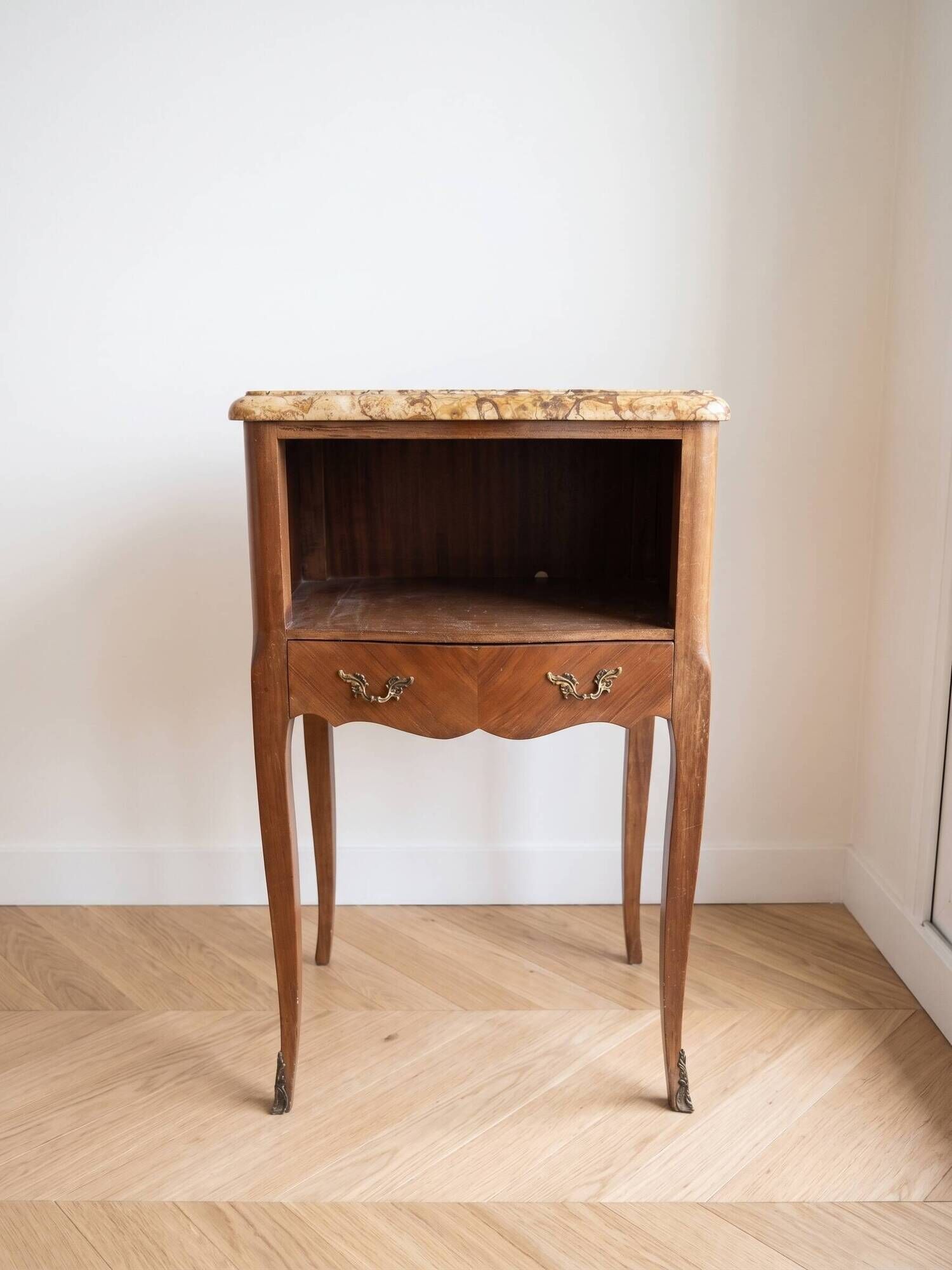Pair of Louis XV bedside tables with marble and marquetry.