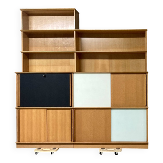Large asymmetrical display bookcase golden oak Oscar furniture vintage 60s