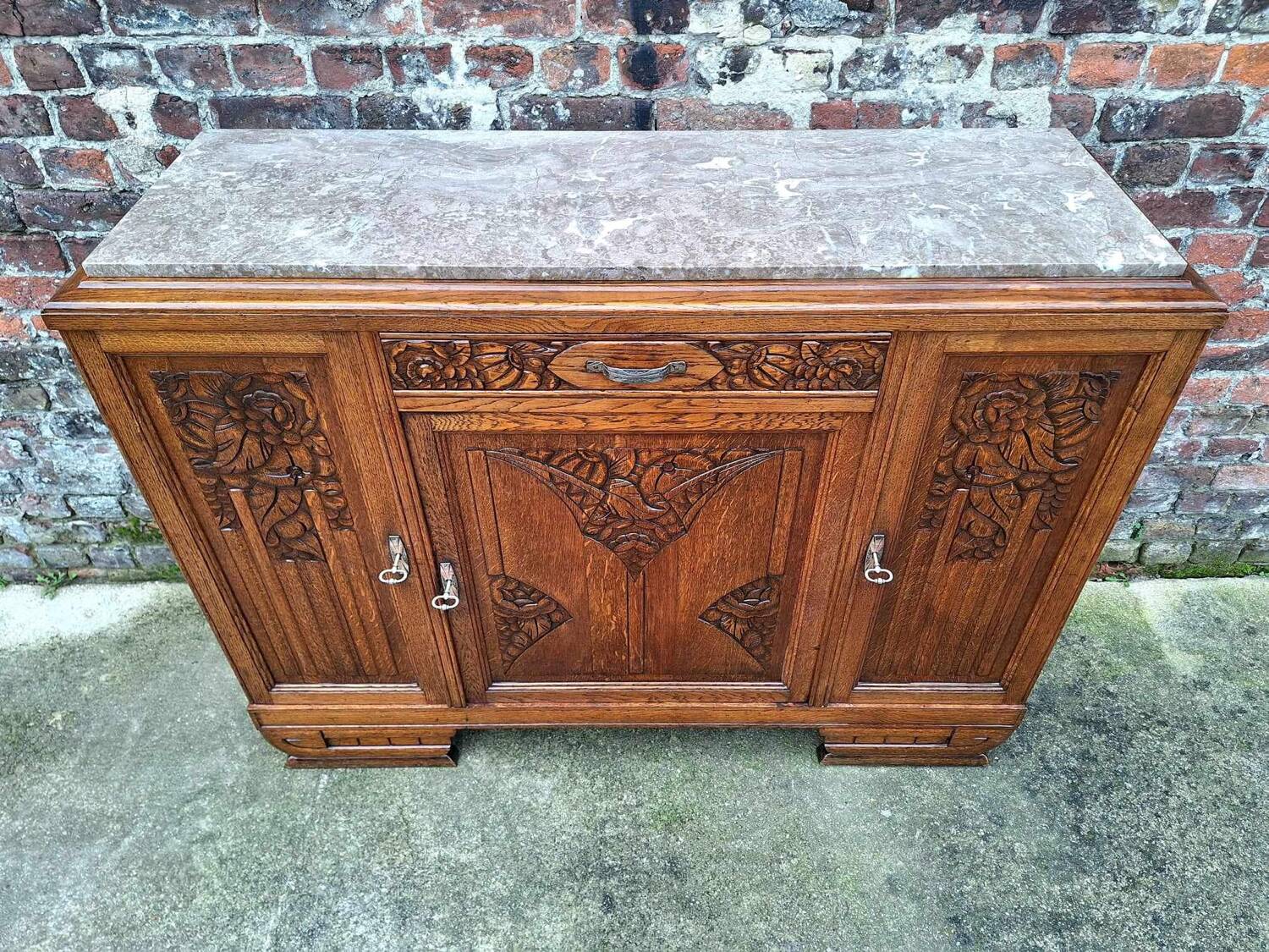 Art deco sideboard marble top, old buffet furniture, vintage dresser