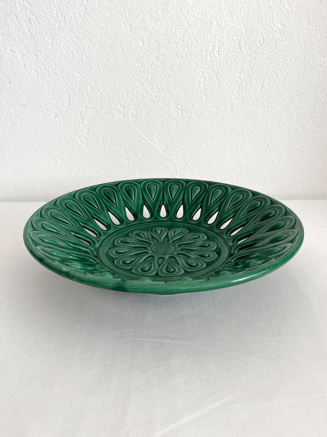 Vintage openwork green ceramic fruit bowl