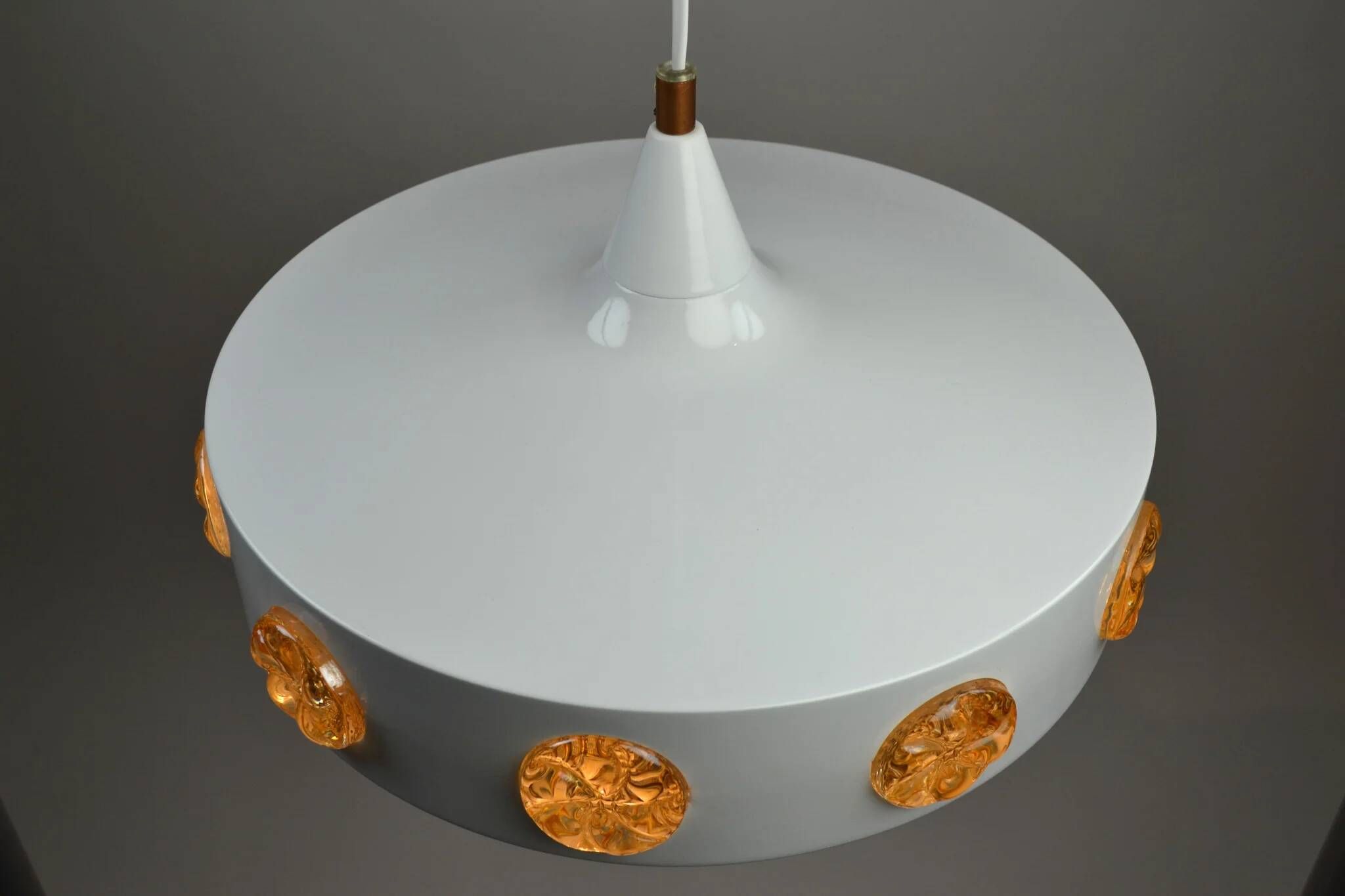 Pendant Lamp with Amber Glass Medallion Inserts — Vitrika, Denmark, 1960s