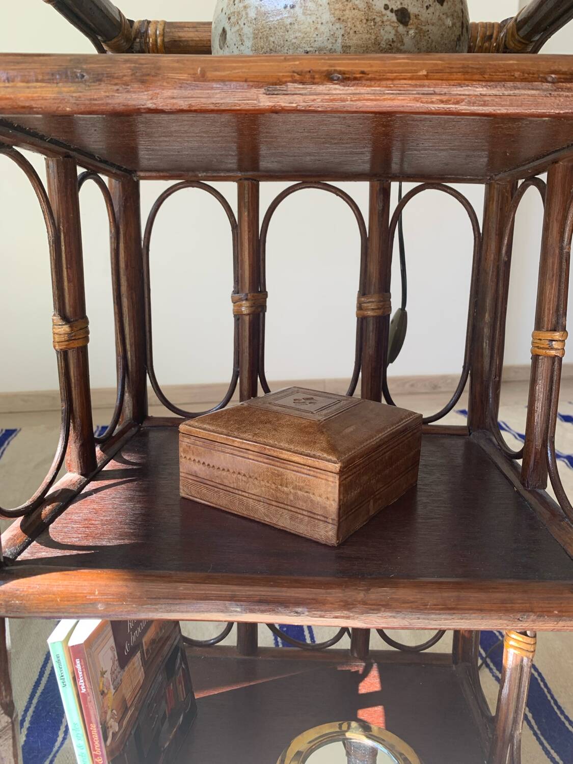 Vintage wooden and rattan side table