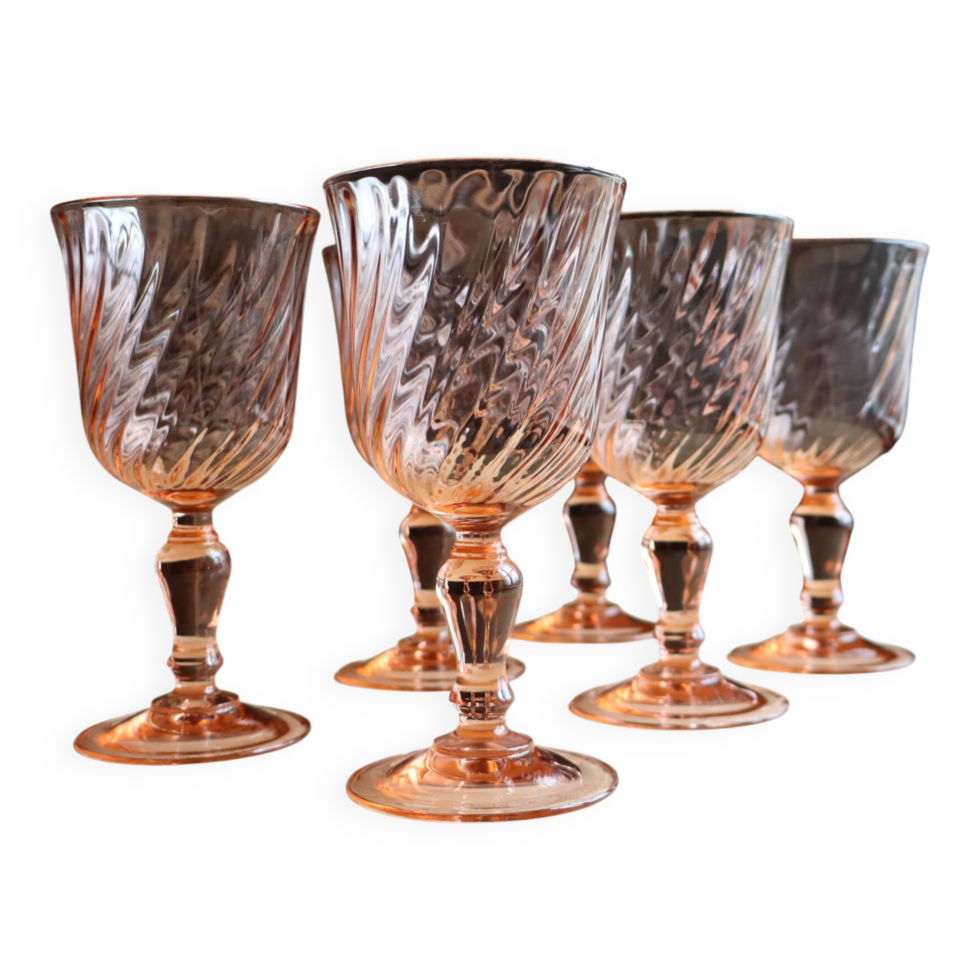 Set of 6 Rosaline twisted pink glass stemmed glasses – Arcoroc France
