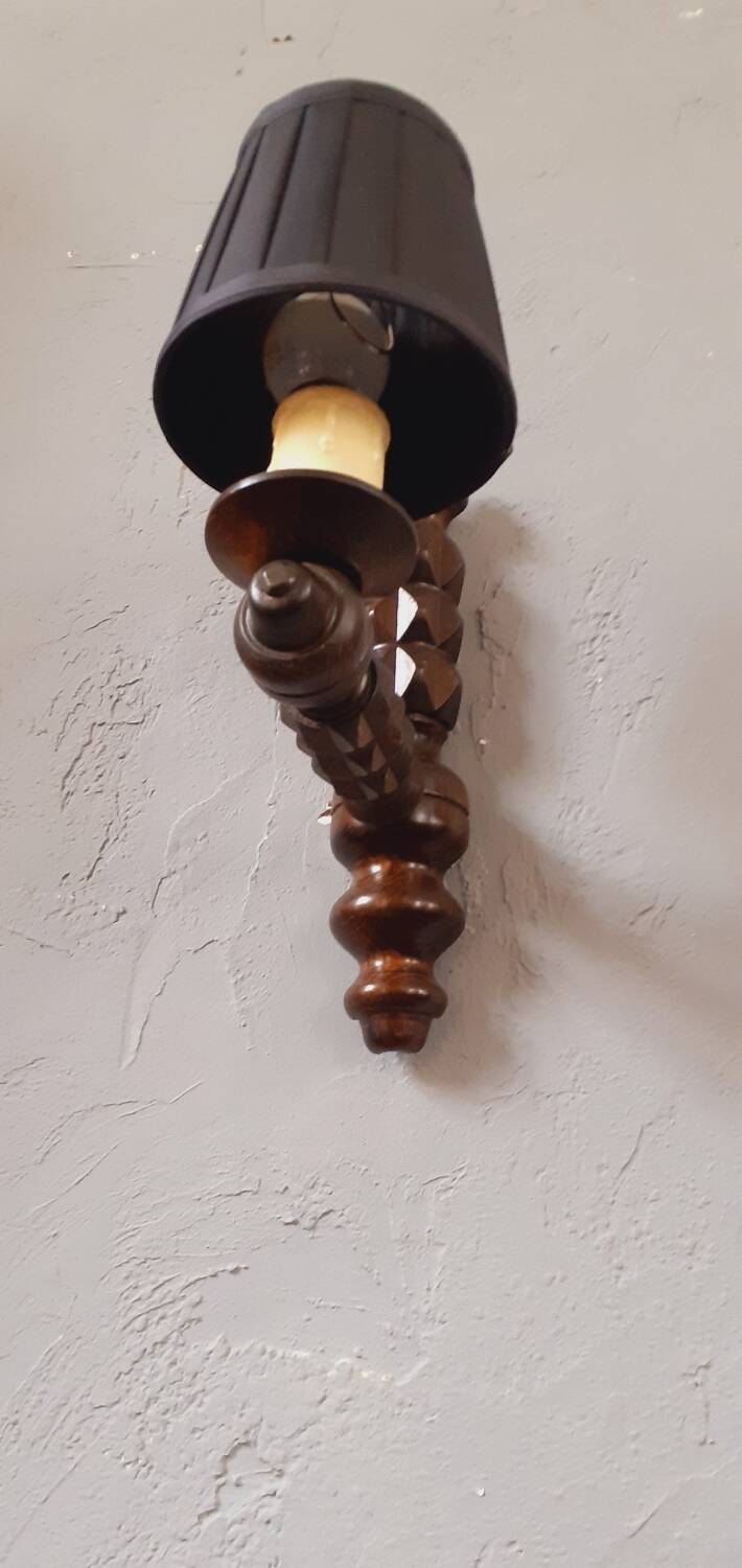 Pair of 60s Brutalist wall lights in varnished wood