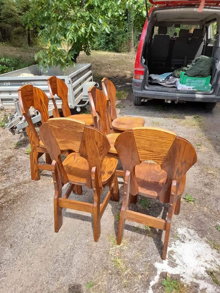 6 Belgian Brutalist Chairs in Solid Oak