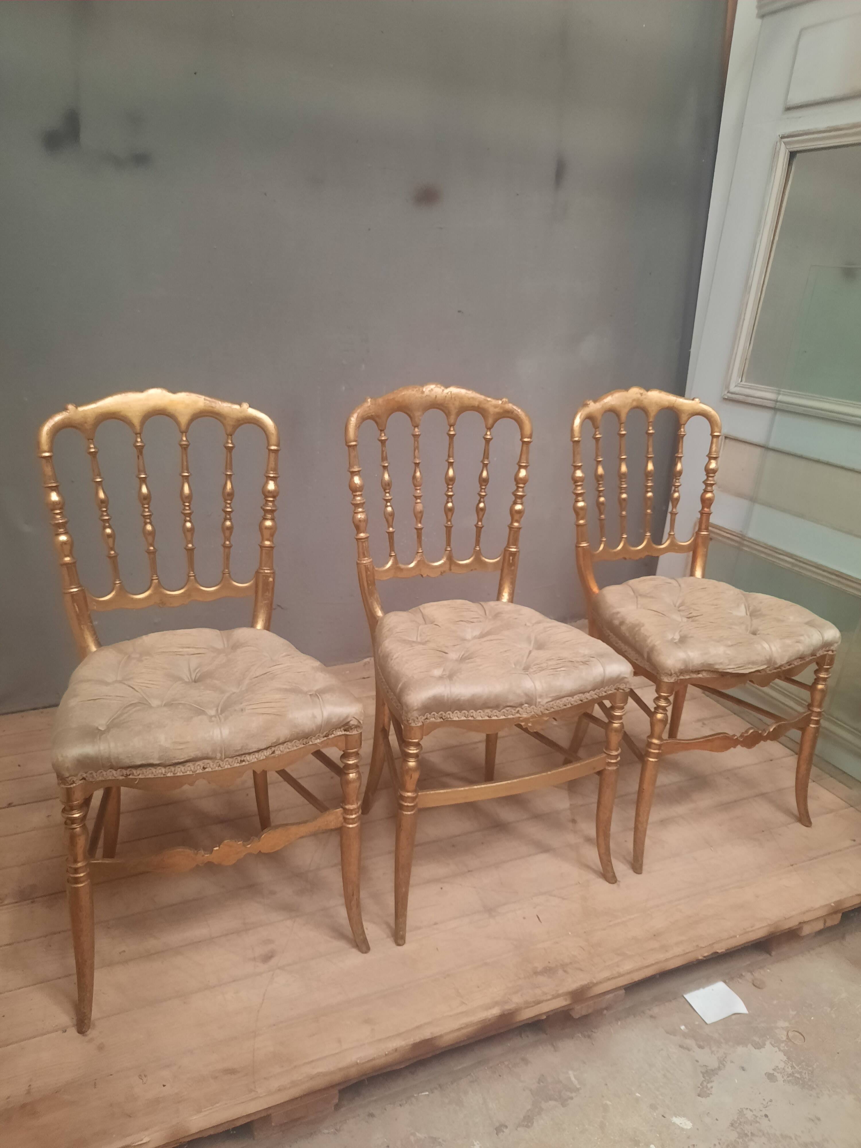 Set of 3 Napoleon III chairs in gilded wood