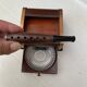Art Deco wooden and brass cigarette box with curtain + glass ashtray