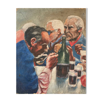 Old bar restaurant painting, The drinkers, 20th century