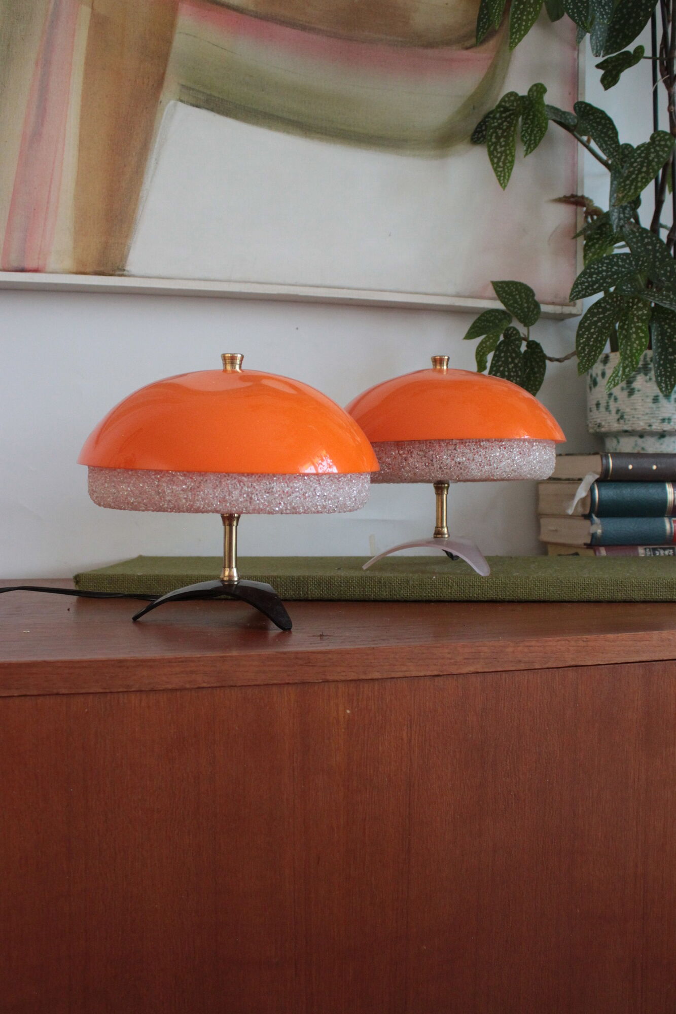 Pair of Philips 1960 mushroom bedside lamp, granite and orange vintage perspex