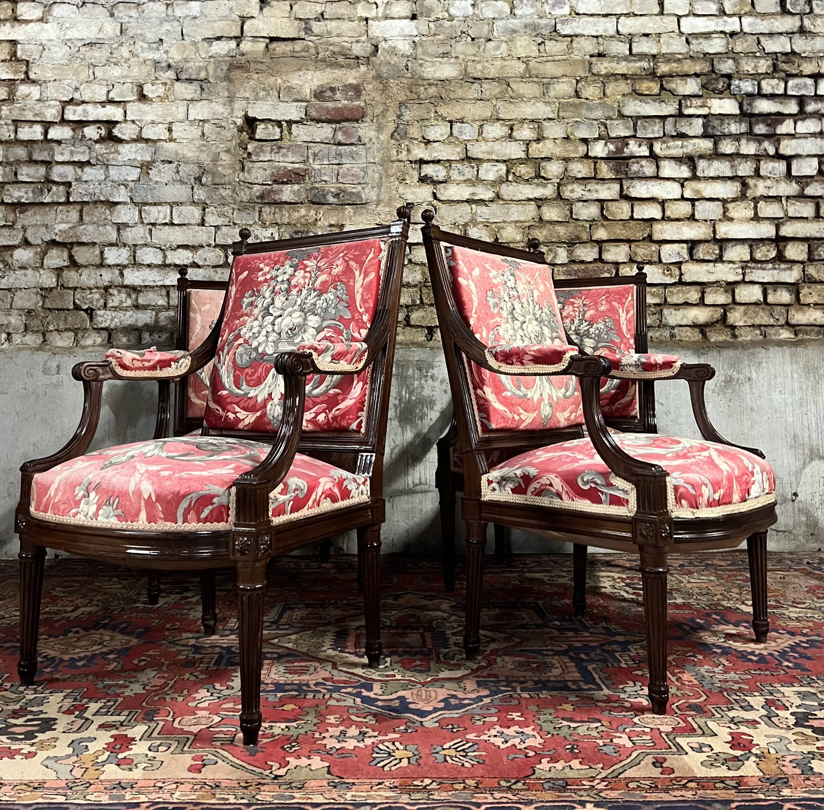 Suite of four queen's armchairs in louis xvi style mahogany xix eme century