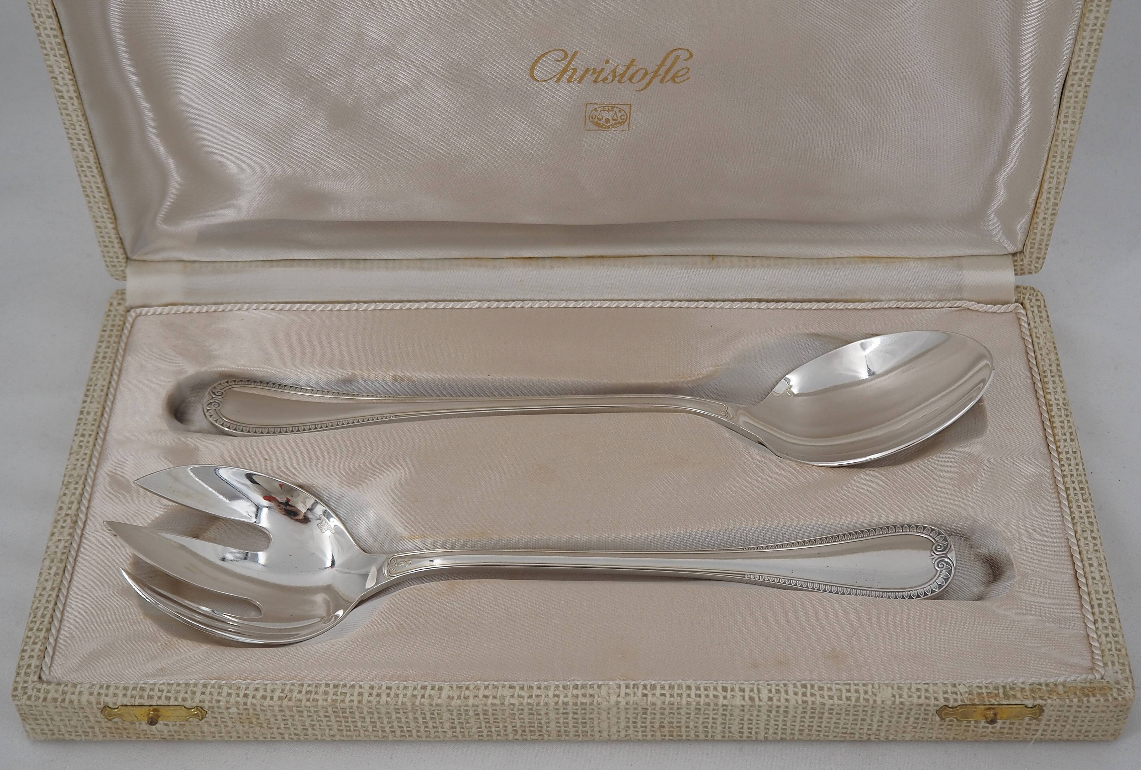 Christofle Malmaison, 2-piece salad serving set in silver-plated metal.