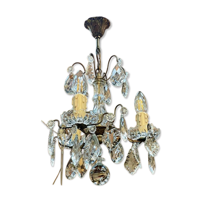 Lustre 3 feux en bronze et cristal taillé, travail début XXème