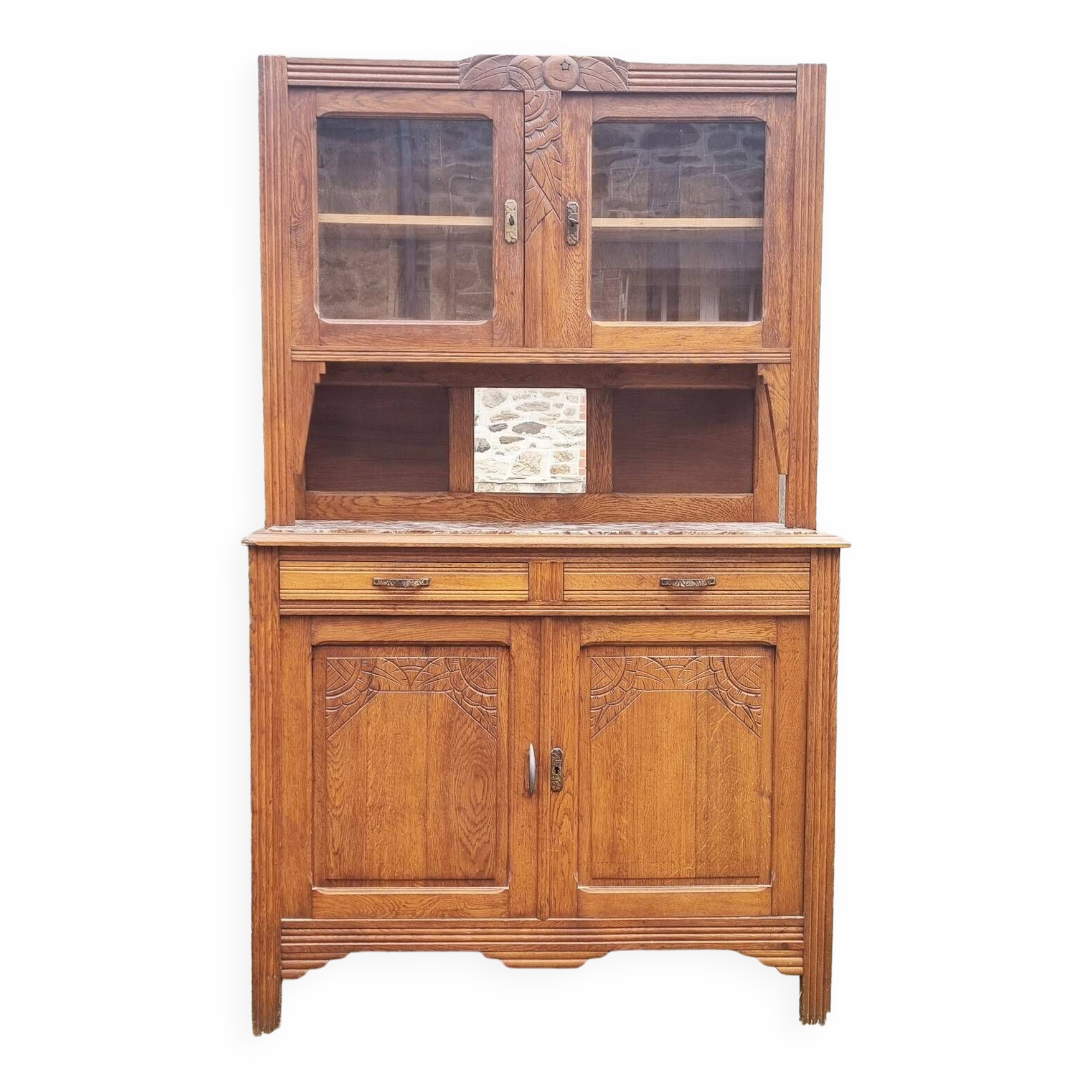 Buffet cuisine, vaisselier, deux corps, bois et marbre, années 30 / 40