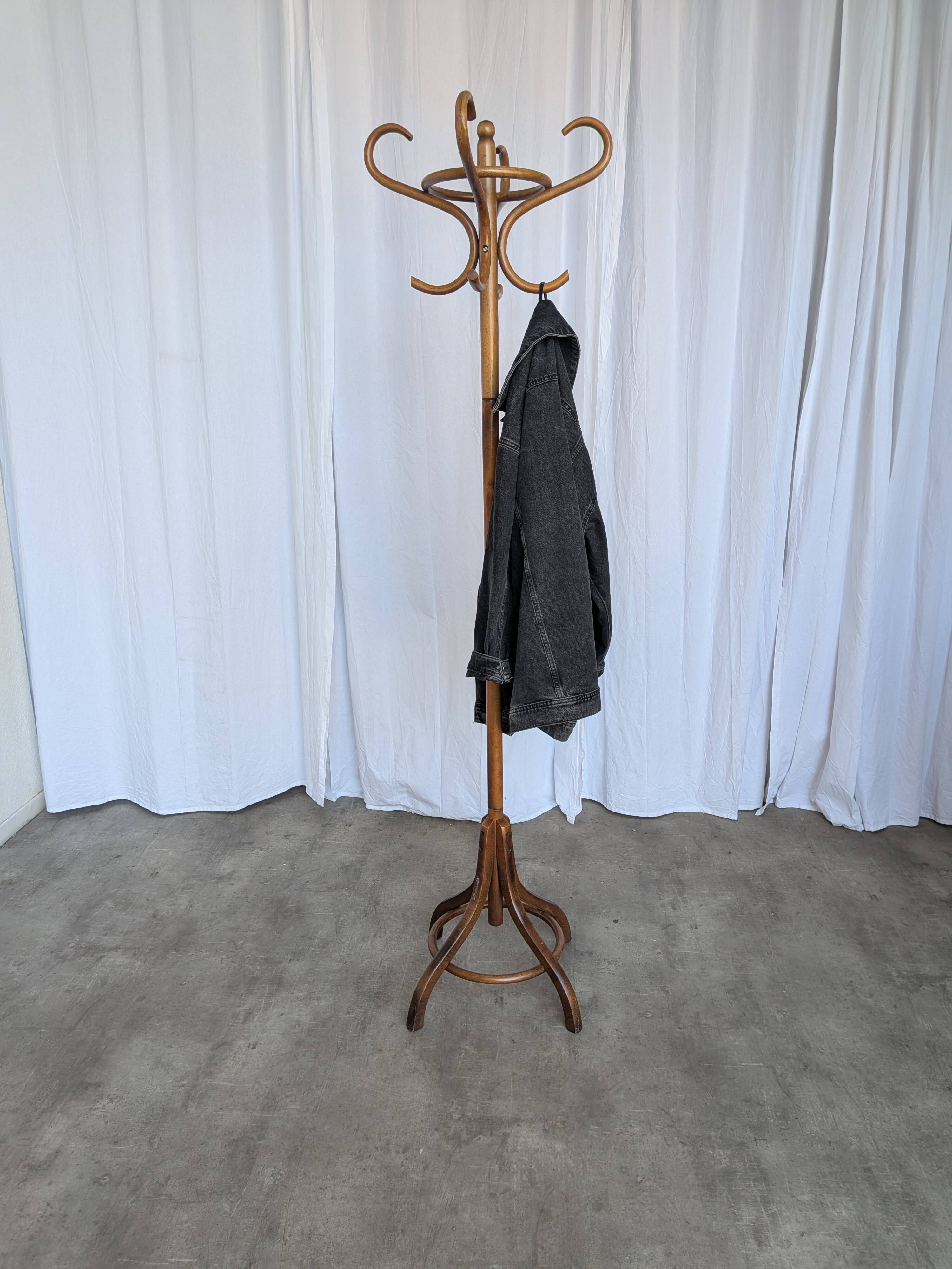Porte-manteau vintage en bois cintré, arbre à hall Thonet, meuble d'entrée en bois foncé