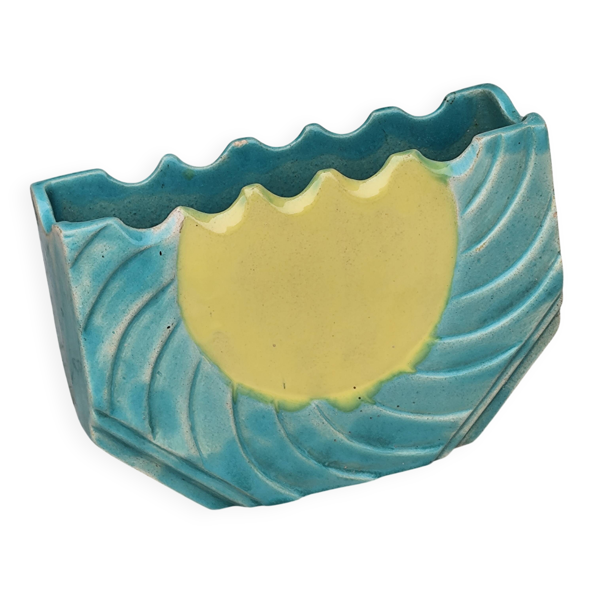 Large blue and yellow ceramic flowerpot vase