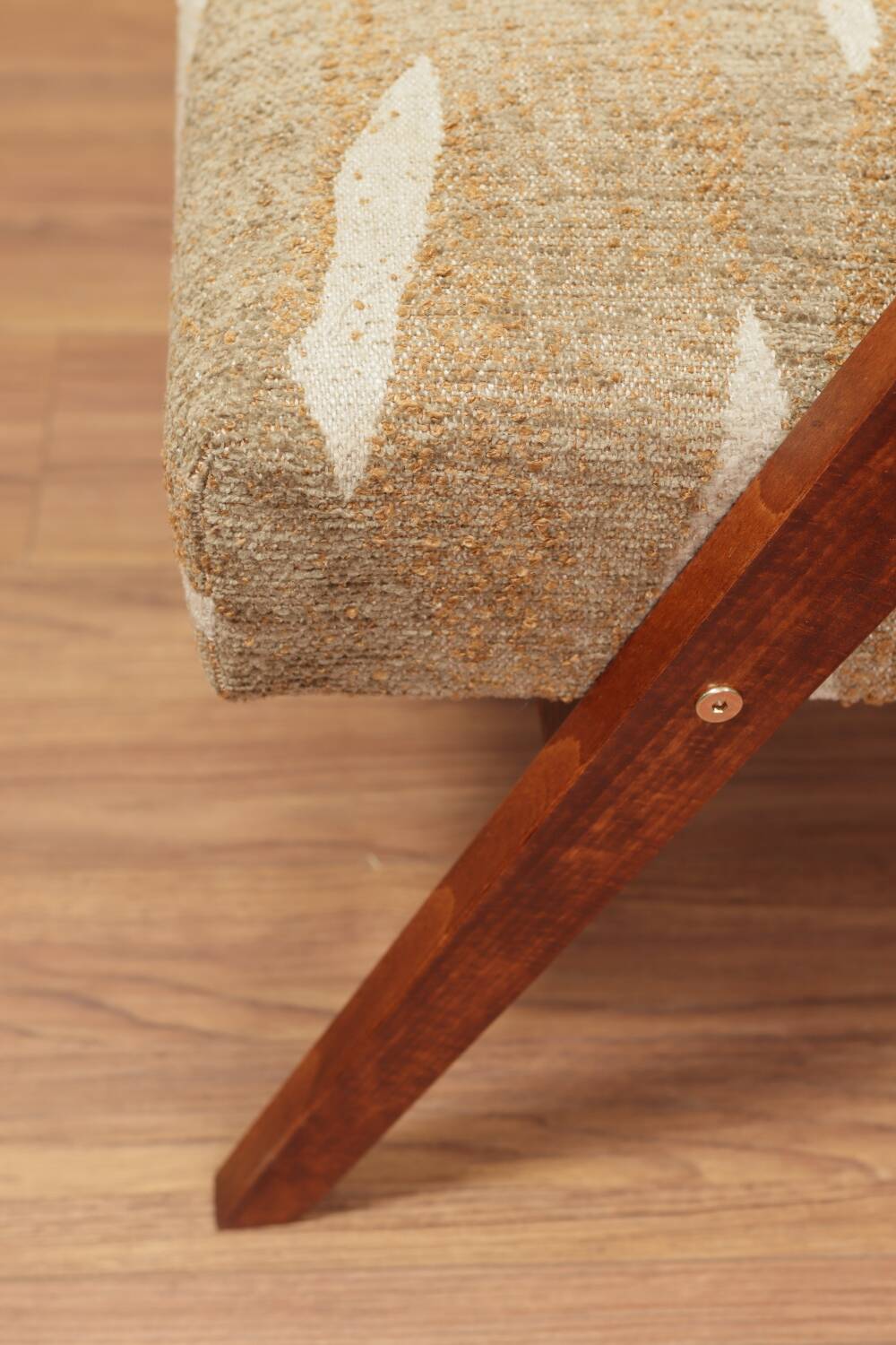 Pair of vintage lounge chairs in brown jacquard fabric and wood.