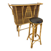 Vintage bar in rattan and bamboo with matching stool.