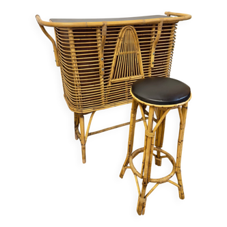 Vintage bar in rattan and bamboo with matching stool.